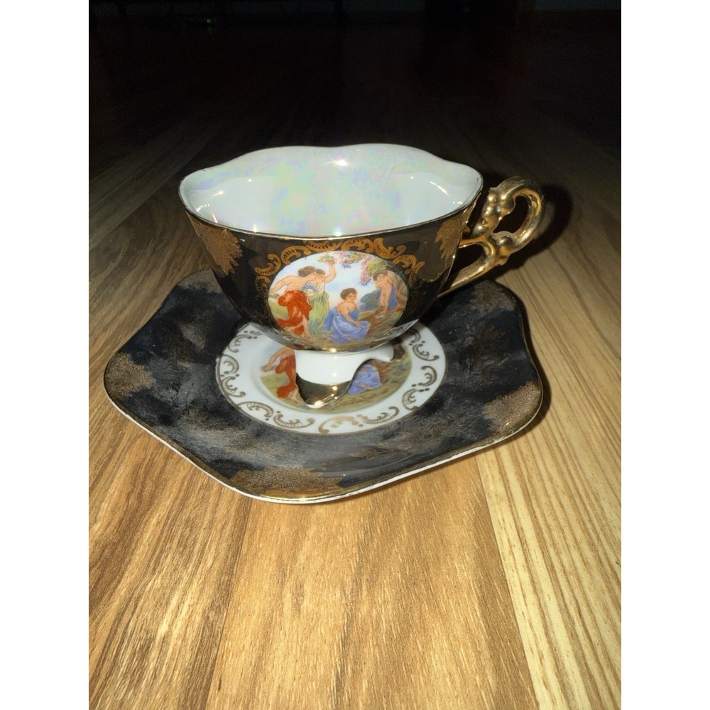 VTG Shafford Japan Hand Decorated 3-Footed Tea Cup & Hexagon Saucer Roman Scenic